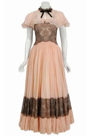 1940's French Couture Pink Silk-Chiffon & Black Lace Scalloped Gown & Capelet