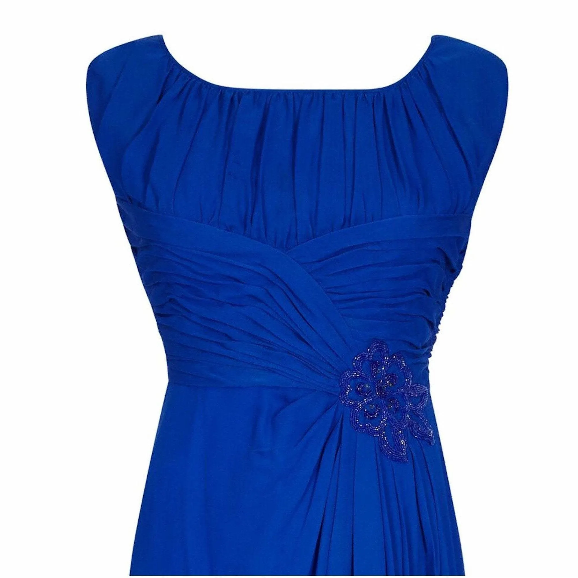 1950s Couture Cobalt Blue Silk Chiffon Evening Dress With Matching Slip