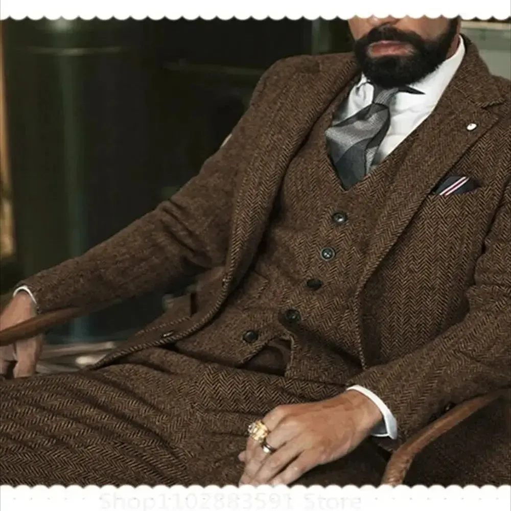 3 Piece (Jacket  Vest  Pants) Gray Wool Tweed Winter Men Suit's For Wedding Herringbone Male Formal Groom Tuxedo Fashion