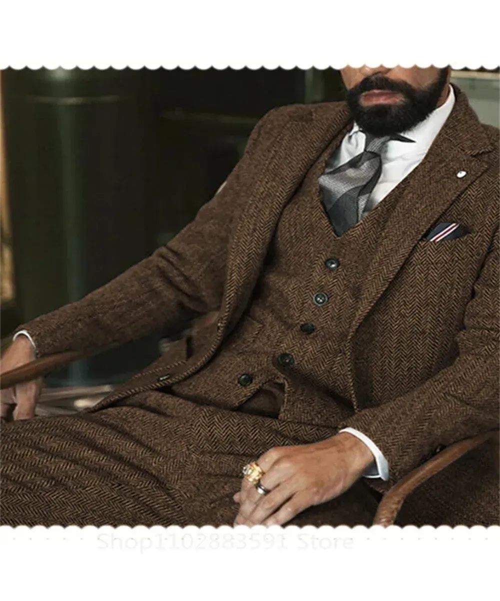 3 Piece (Jacket  Vest  Pants) Gray Wool Tweed Winter Men Suit's For Wedding Herringbone Male Formal Groom Tuxedo Fashion