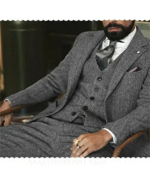3 Piece (Jacket  Vest  Pants) Gray Wool Tweed Winter Men Suit's For Wedding Herringbone Male Formal Groom Tuxedo Fashion