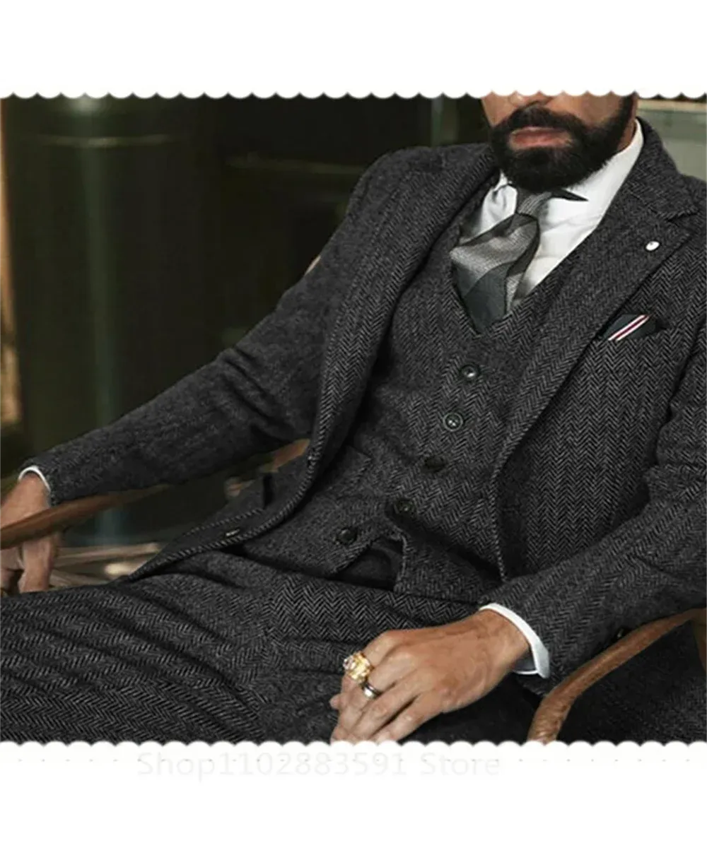3 Piece (Jacket  Vest  Pants) Gray Wool Tweed Winter Men Suit's For Wedding Herringbone Male Formal Groom Tuxedo Fashion