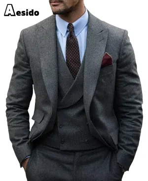 3 Pieces Mens Herringbone Suit For Wedding (Blazer Vest Pants)