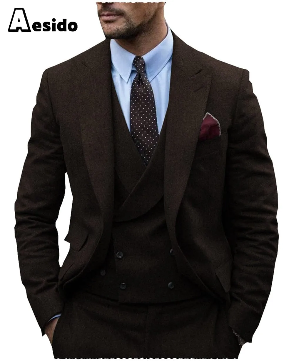 3 Pieces Mens Herringbone Suit For Wedding (Blazer Vest Pants)