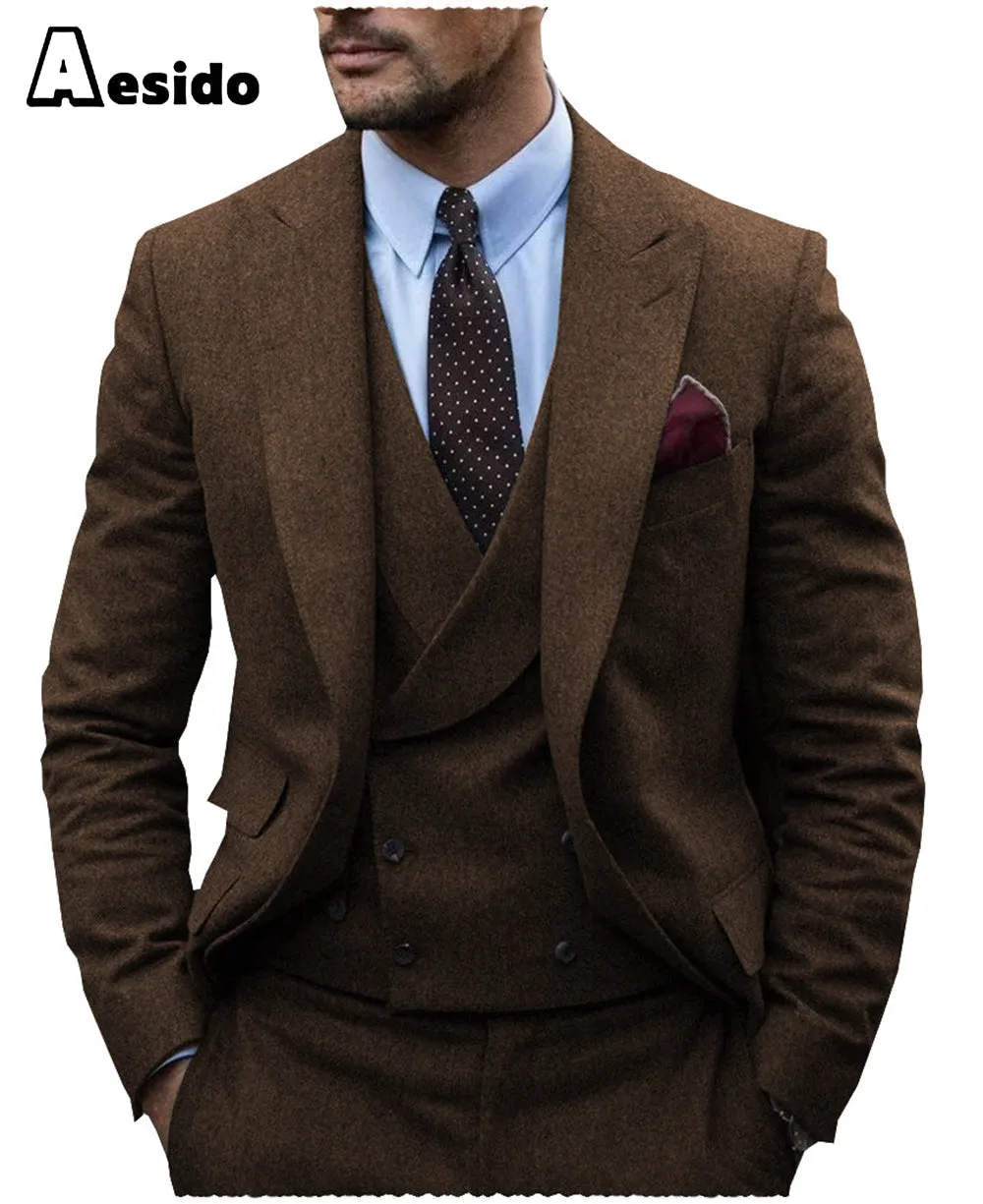 3 Pieces Mens Herringbone Suit For Wedding (Blazer Vest Pants)