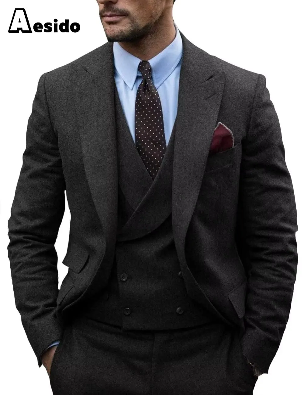 3 Pieces Mens Herringbone Suit For Wedding (Blazer Vest Pants)