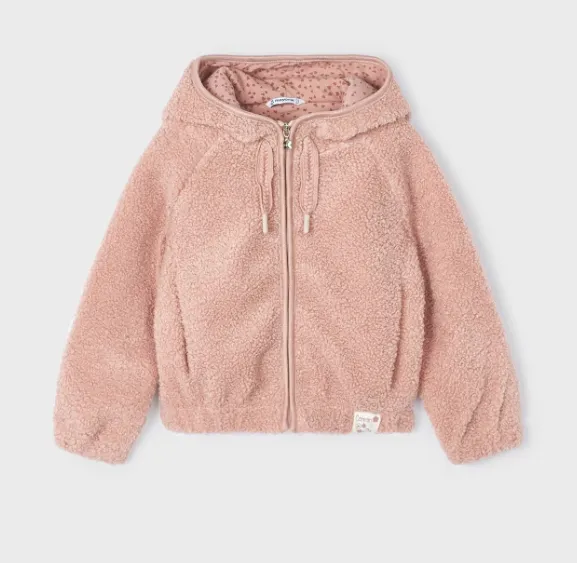 4419 Mayoral Mini Girls Curly Faux Fur Zippered Hooded Jacket - Pink