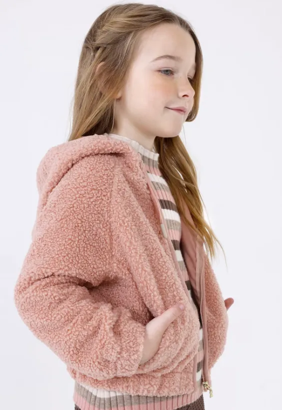 4419 Mayoral Mini Girls Curly Faux Fur Zippered Hooded Jacket - Pink