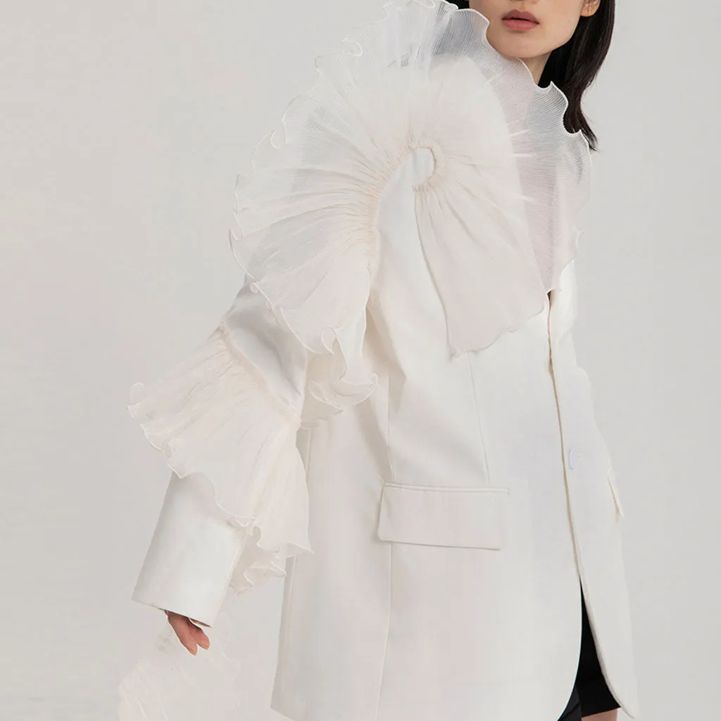Asymmetric Ruffle Trim Lapel Collar Single Breasted Oversized Blazer - White