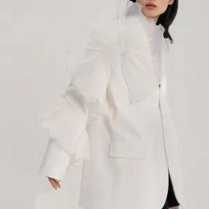 Asymmetric Ruffle Trim Lapel Collar Single Breasted Oversized Blazer - White