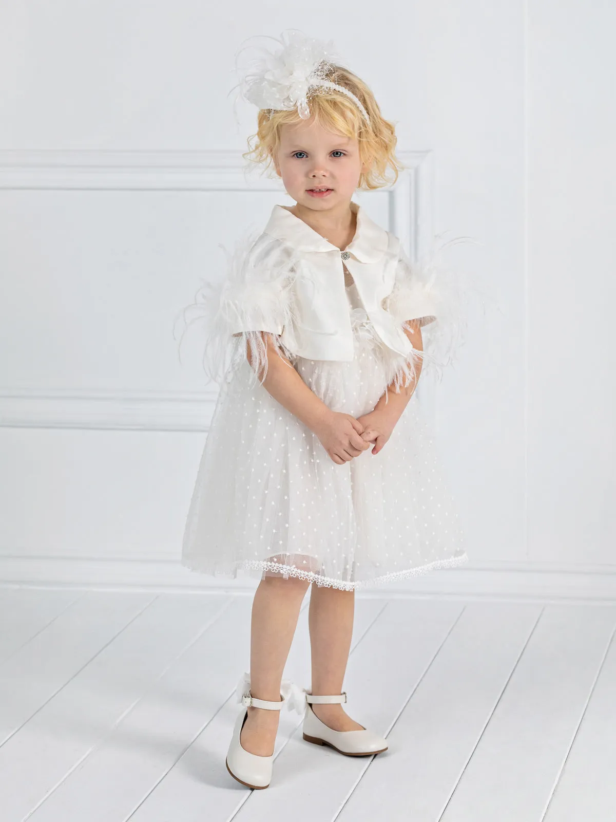 Baby's silk Bolero with feathers - ALBINA white