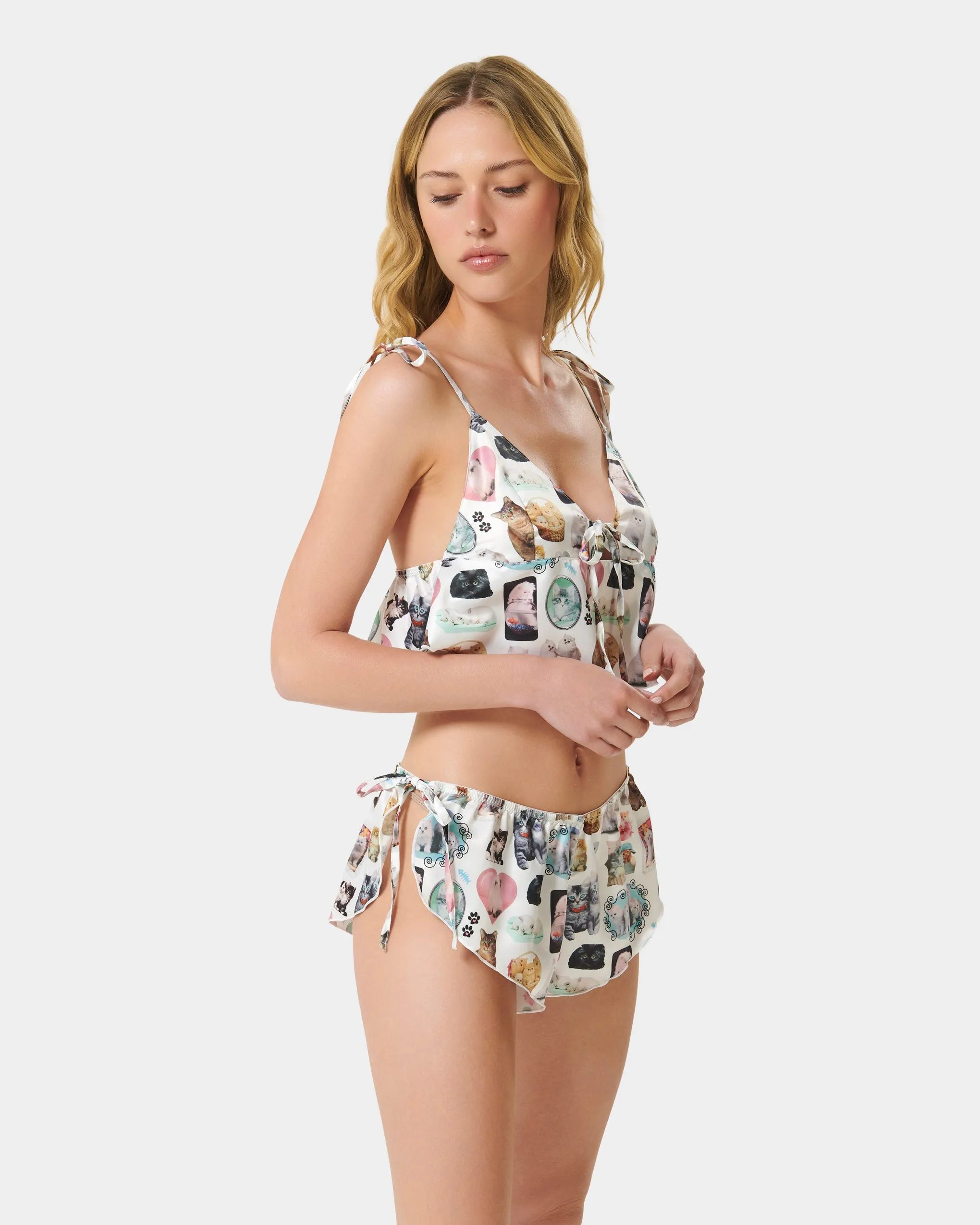 BB x Ashley Williams Kitten Print Luxury Satin Crop Cami and Short Set