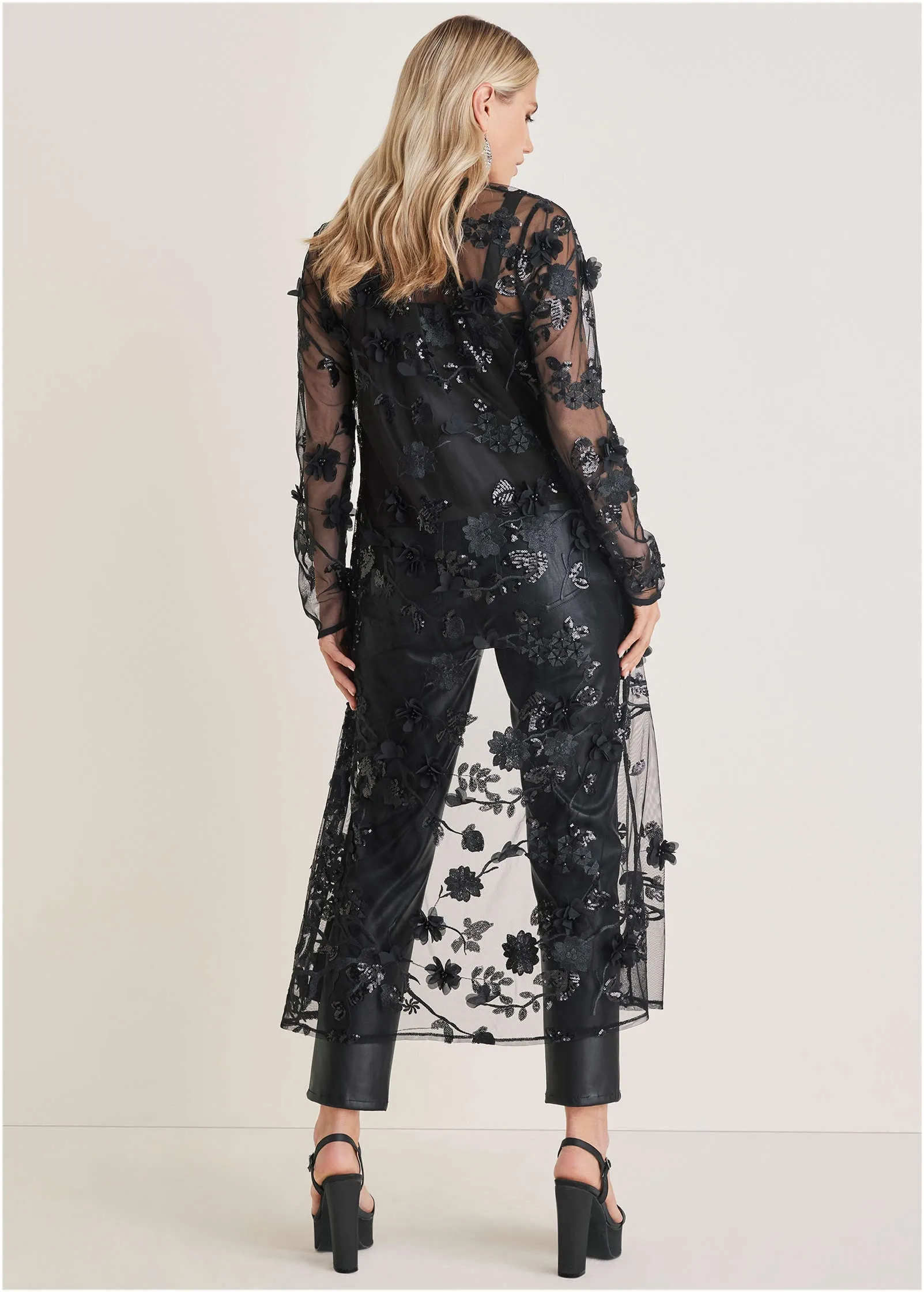 Beaded Lace Long Jacket - Black