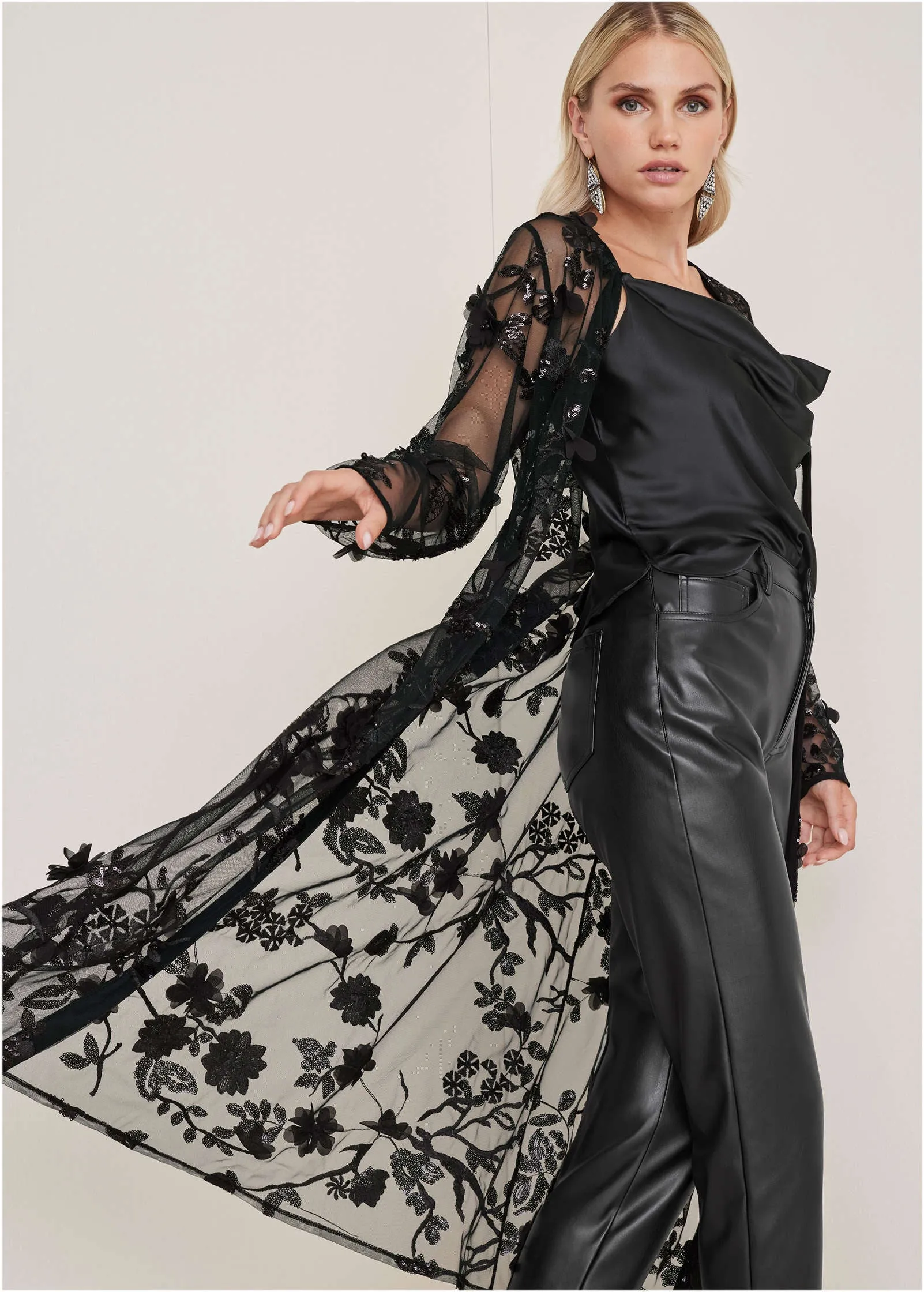 Beaded Lace Long Jacket - Black