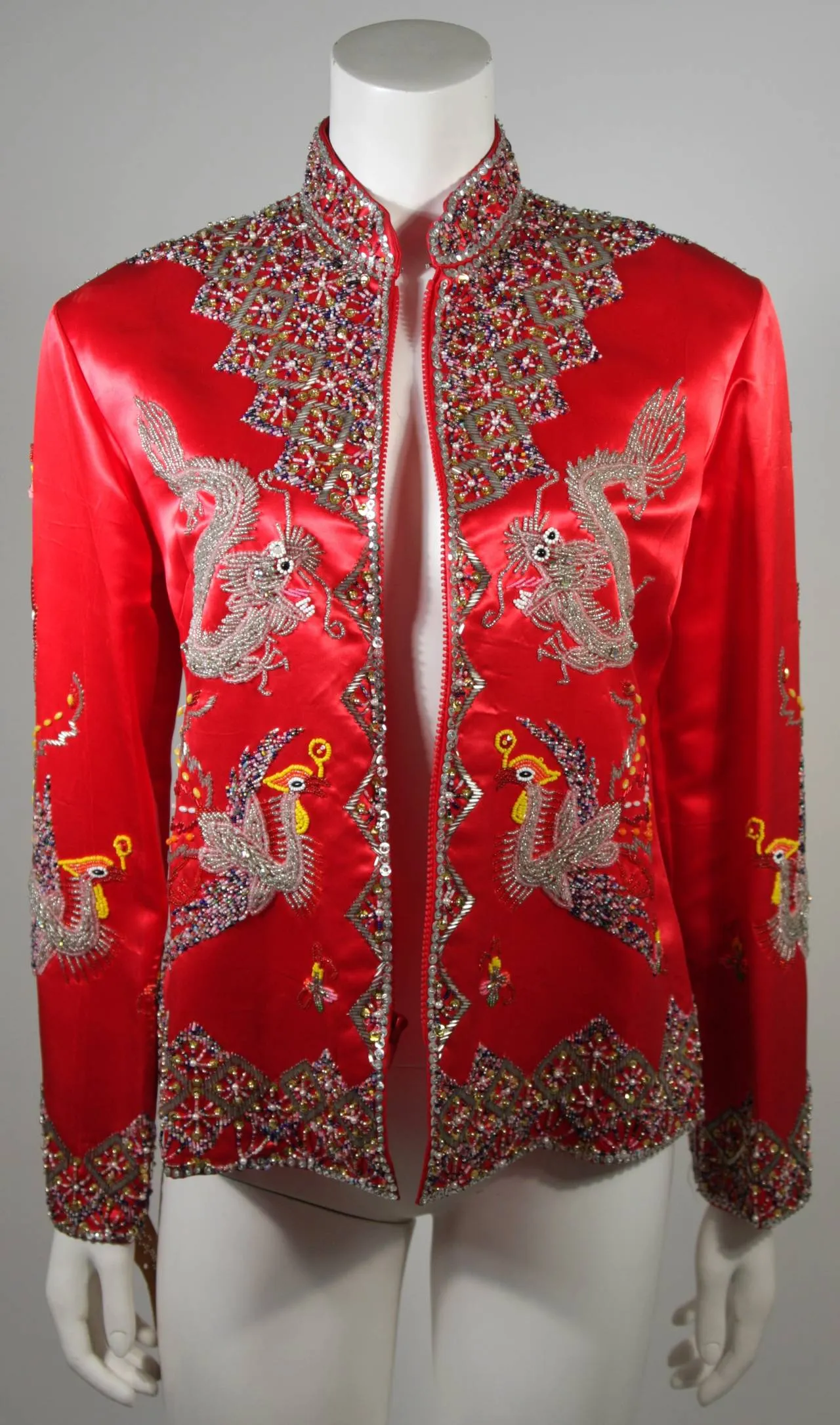 DYNASTY Red Silk Hand Beaded Sequined Dragon and Phoenix Jacket