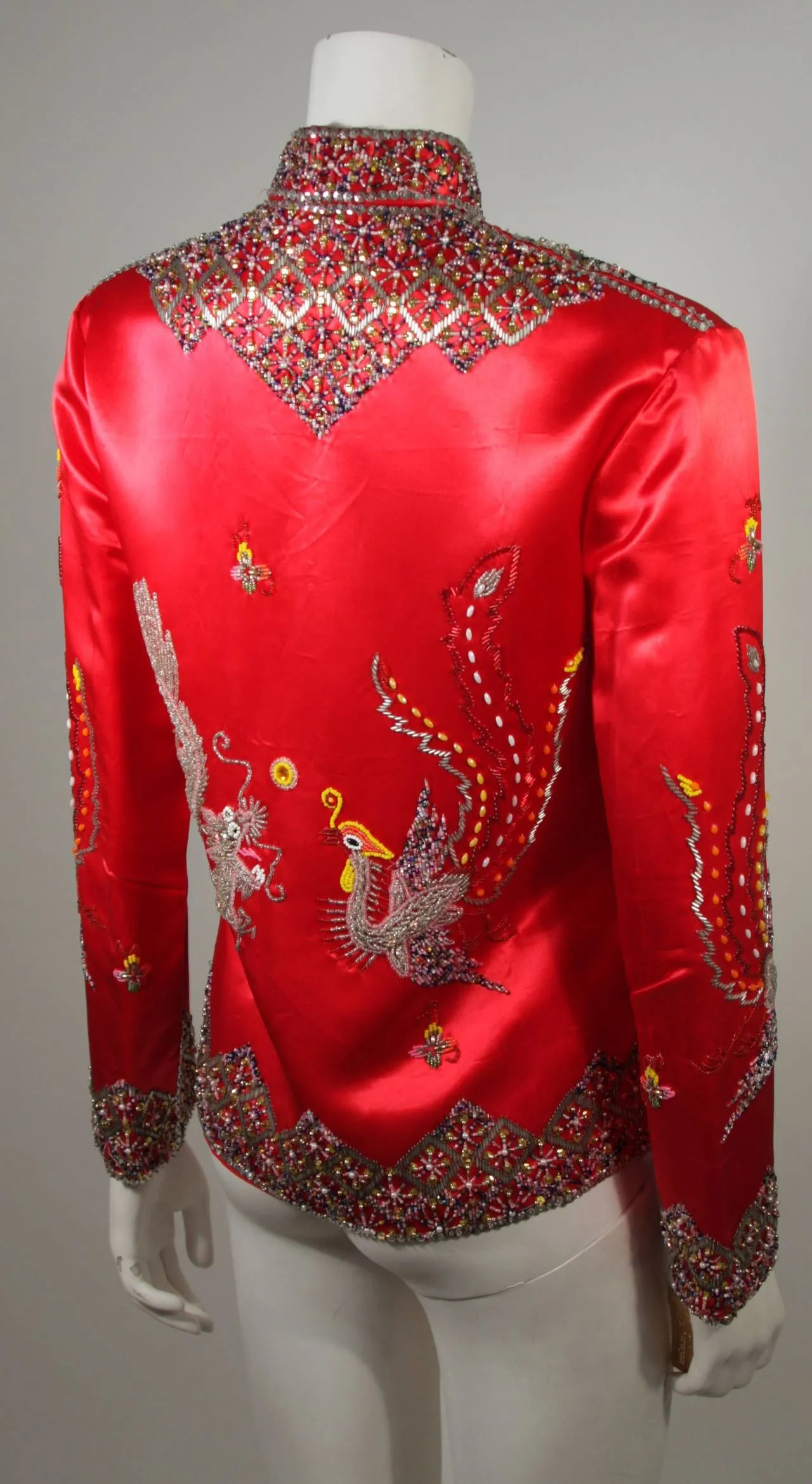 DYNASTY Red Silk Hand Beaded Sequined Dragon and Phoenix Jacket