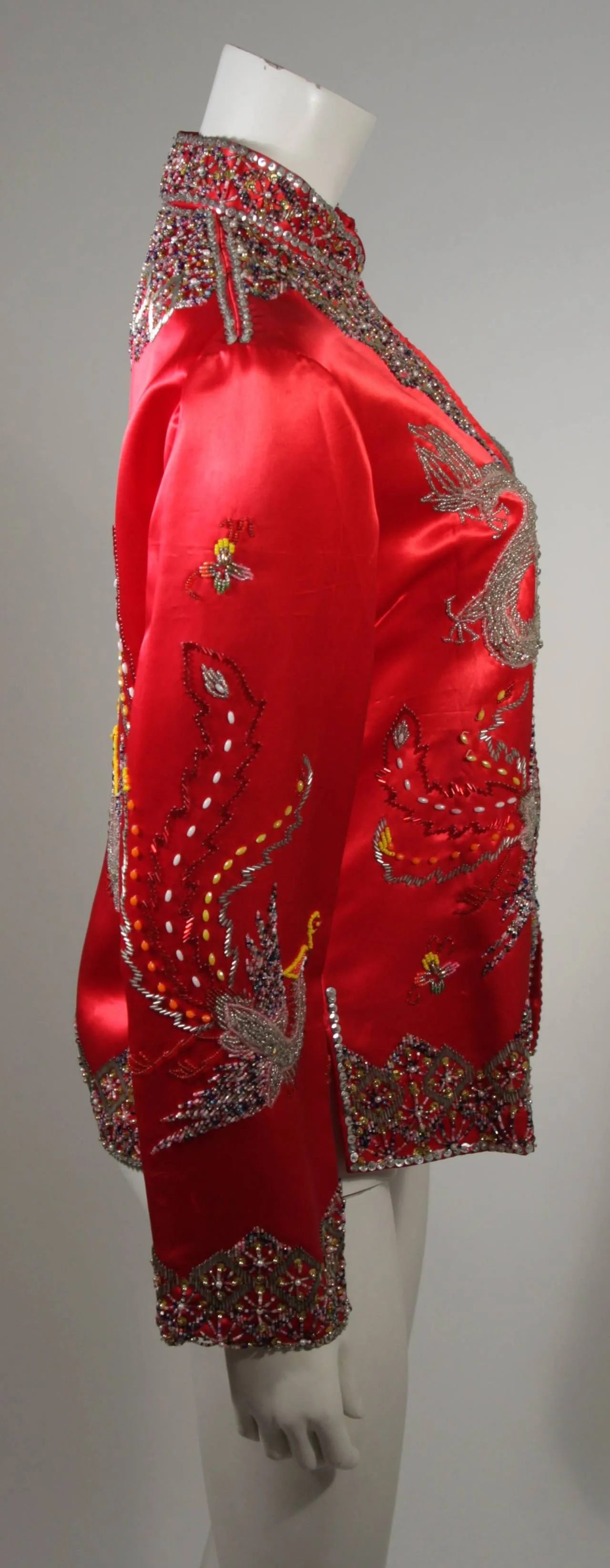DYNASTY Red Silk Hand Beaded Sequined Dragon and Phoenix Jacket