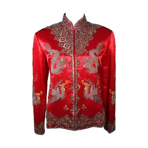 DYNASTY Red Silk Hand Beaded Sequined Dragon and Phoenix Jacket