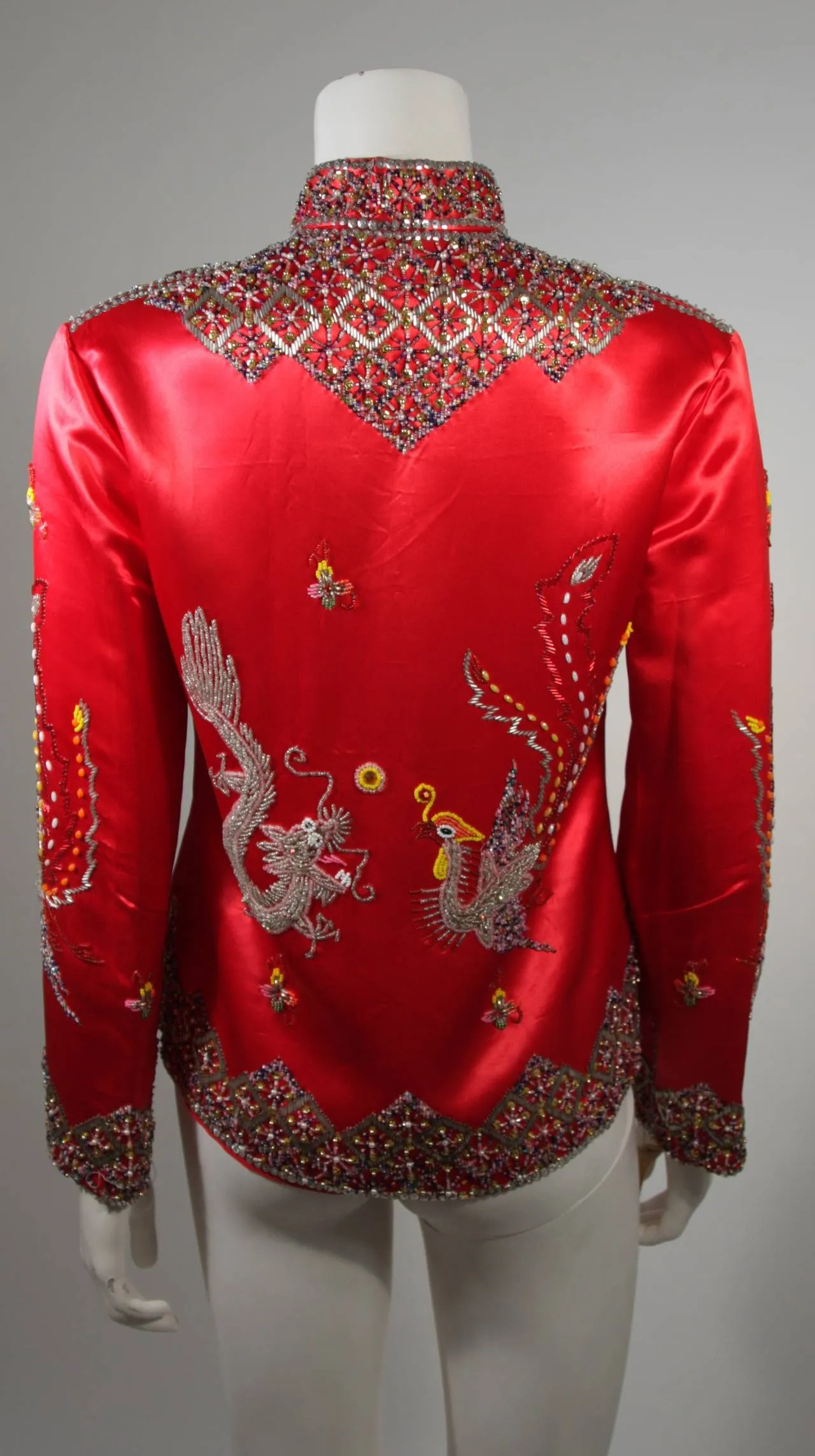 DYNASTY Red Silk Hand Beaded Sequined Dragon and Phoenix Jacket