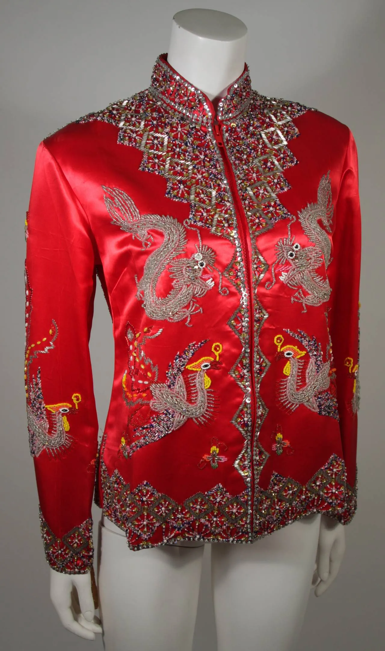 DYNASTY Red Silk Hand Beaded Sequined Dragon and Phoenix Jacket
