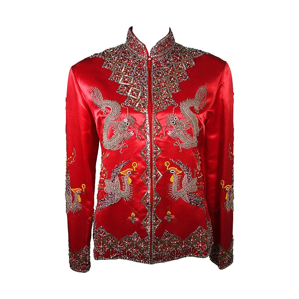 DYNASTY Red Silk Hand Beaded Sequined Dragon and Phoenix Jacket