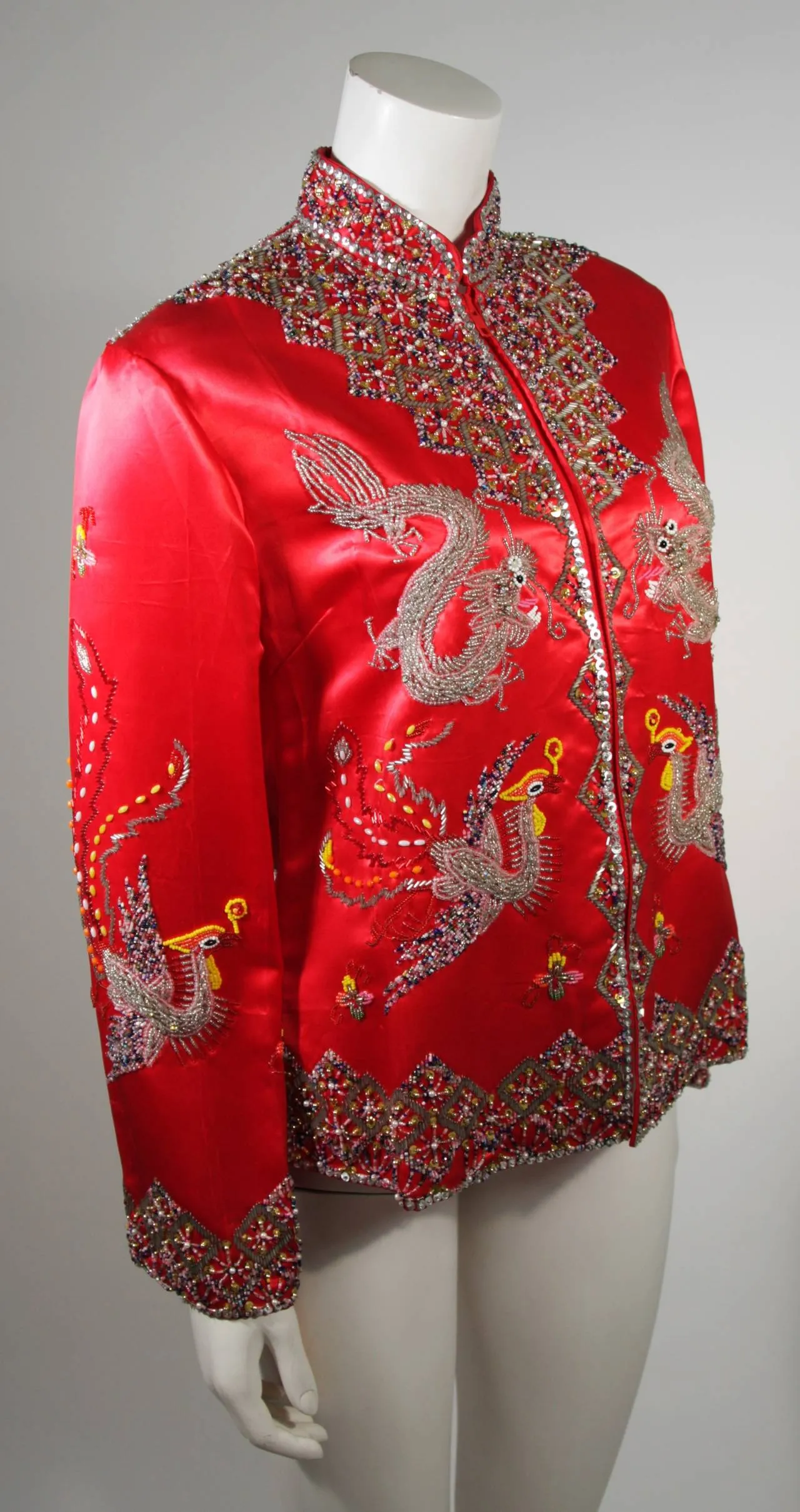DYNASTY Red Silk Hand Beaded Sequined Dragon and Phoenix Jacket