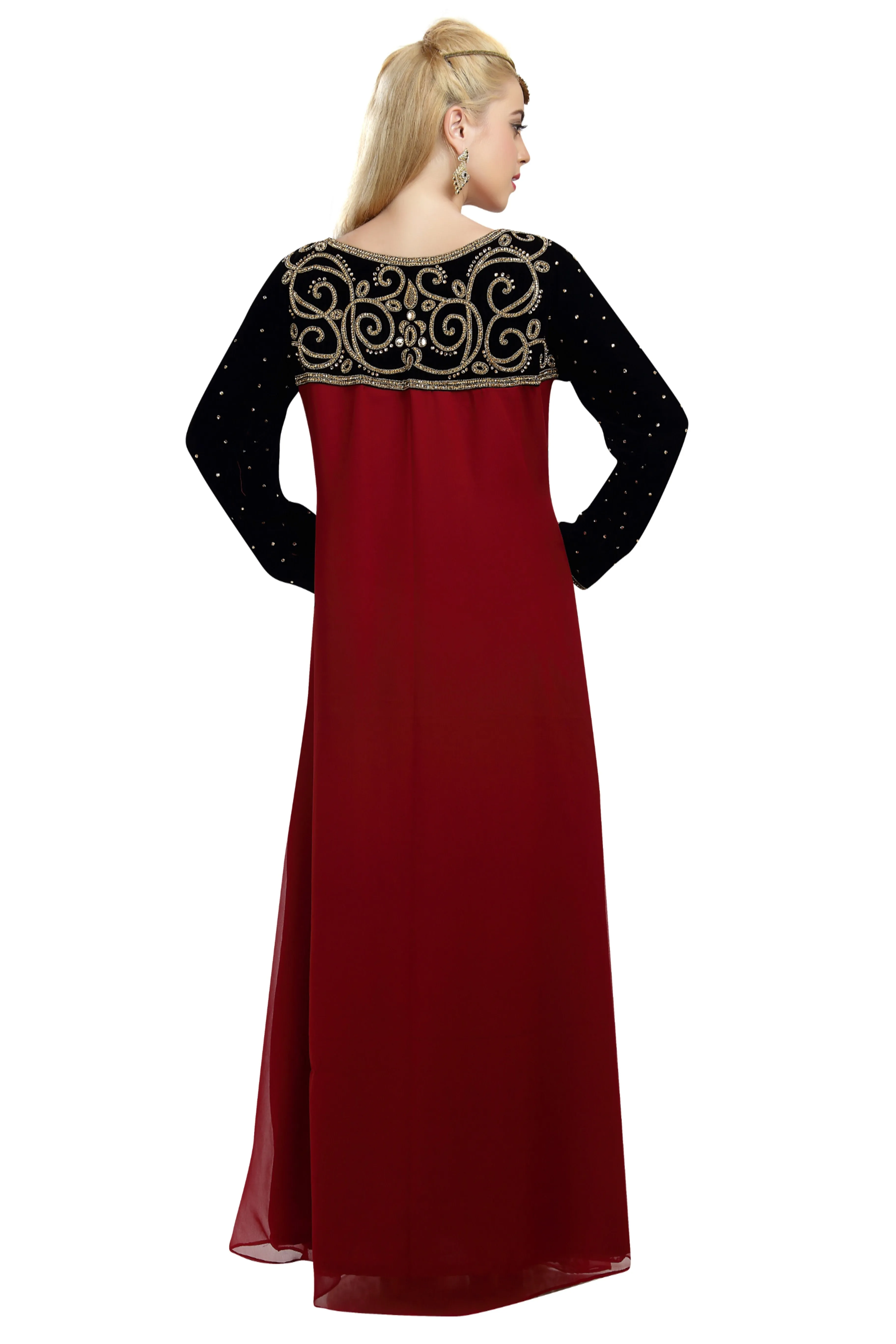 Embroidered Kaftan in Black-Maroon Velvet Fabric Takchita Gown