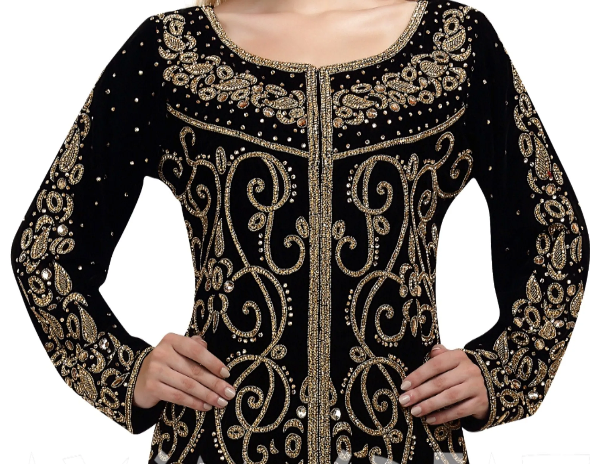 Embroidered Kaftan in Black-Maroon Velvet Fabric Takchita Gown