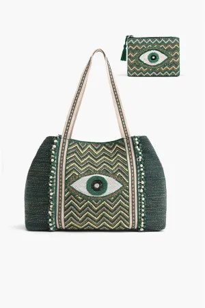 Evergreen Evil Eye Tote with Coin Bag