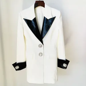 Fashion Contrast Leather Blazer Collar Diamond Jacket