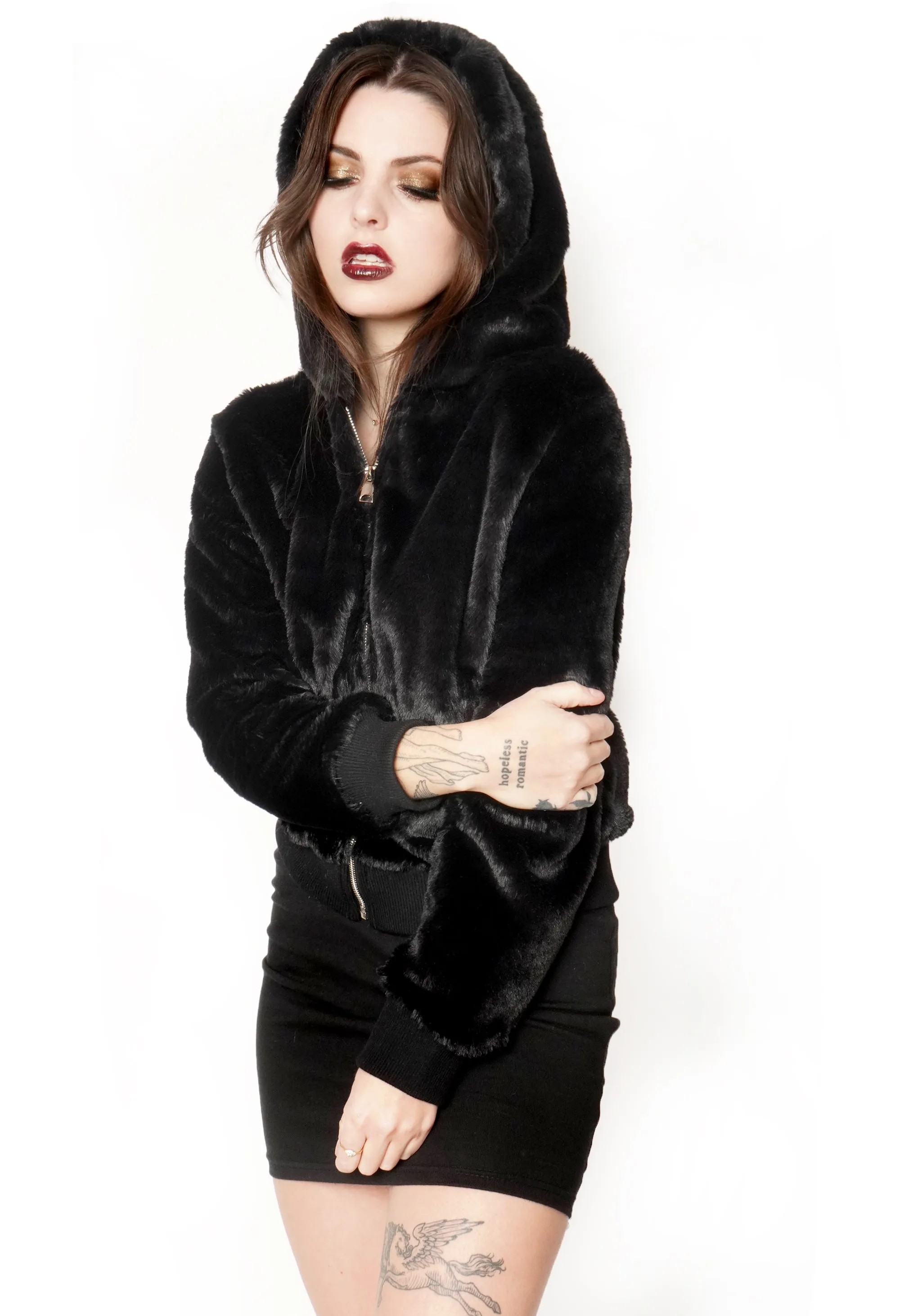 Faux Fur Zip Up Hooded Jacket (Full length)