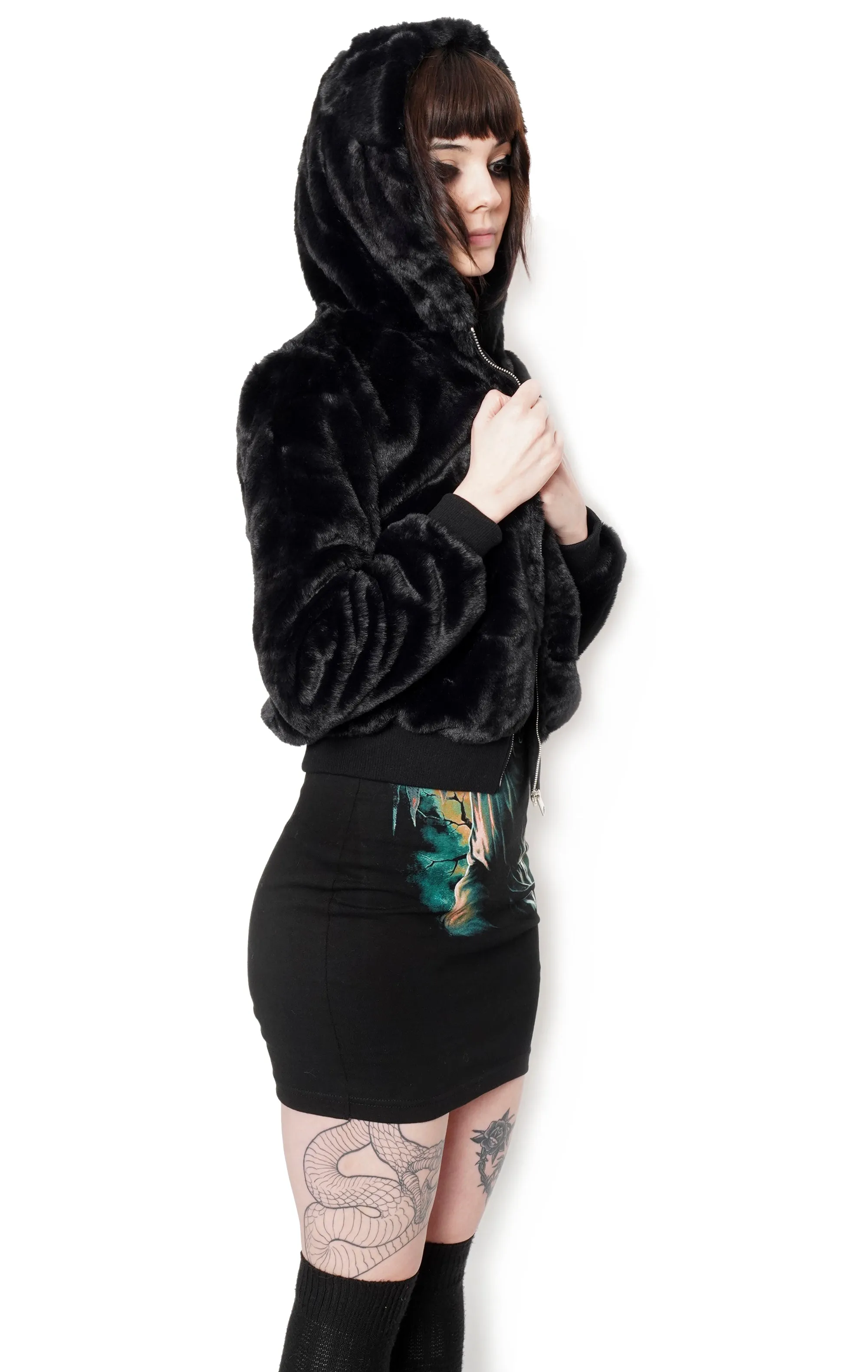 Faux Fur Zip Up Hooded Jacket (Full length)