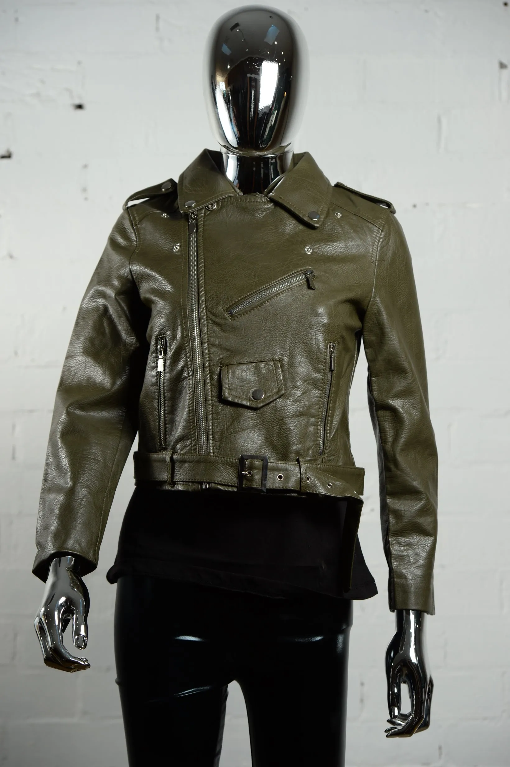 Faux Leather Biker Jacket  Olive