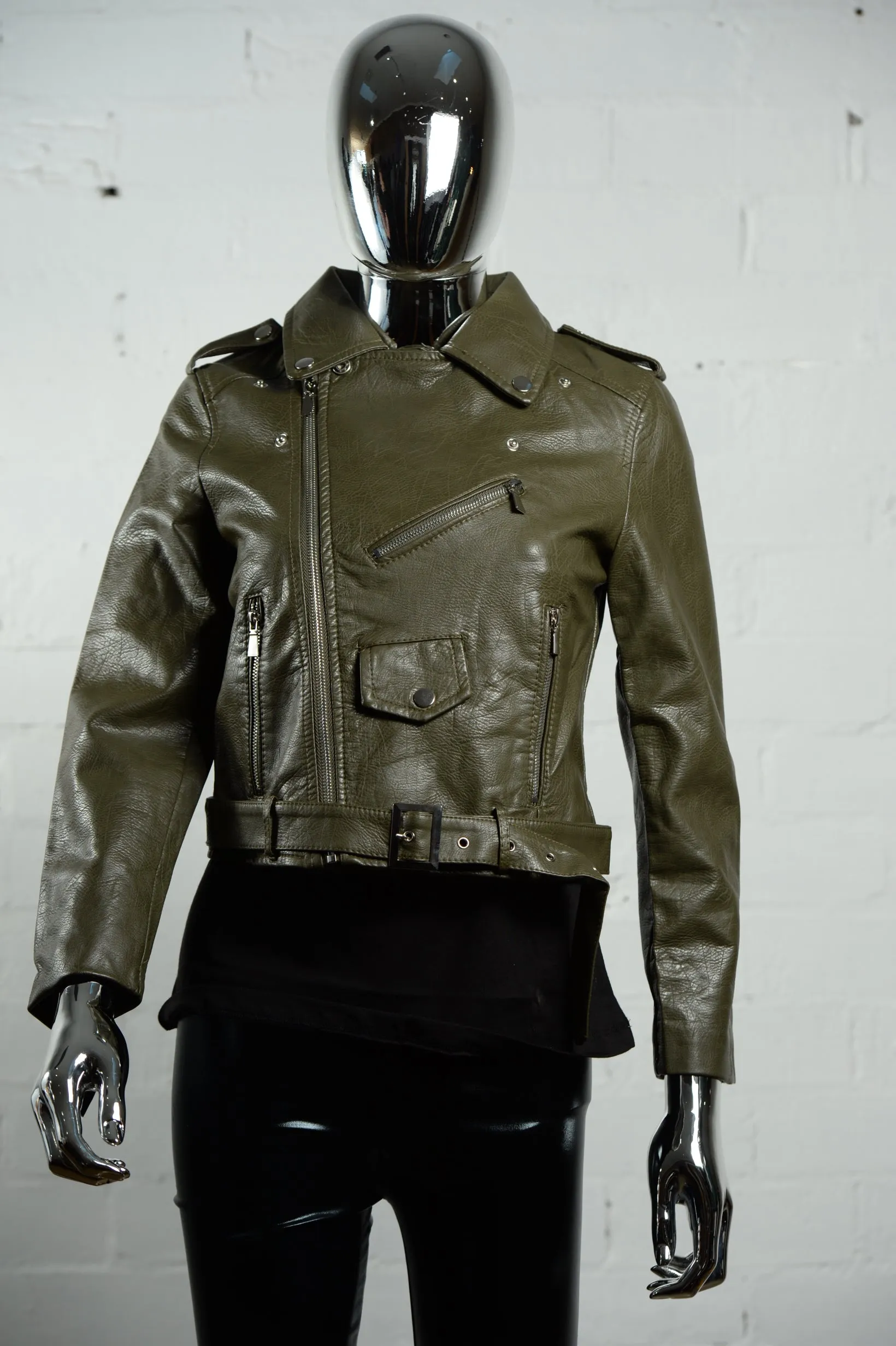 Faux Leather Biker Jacket  Olive