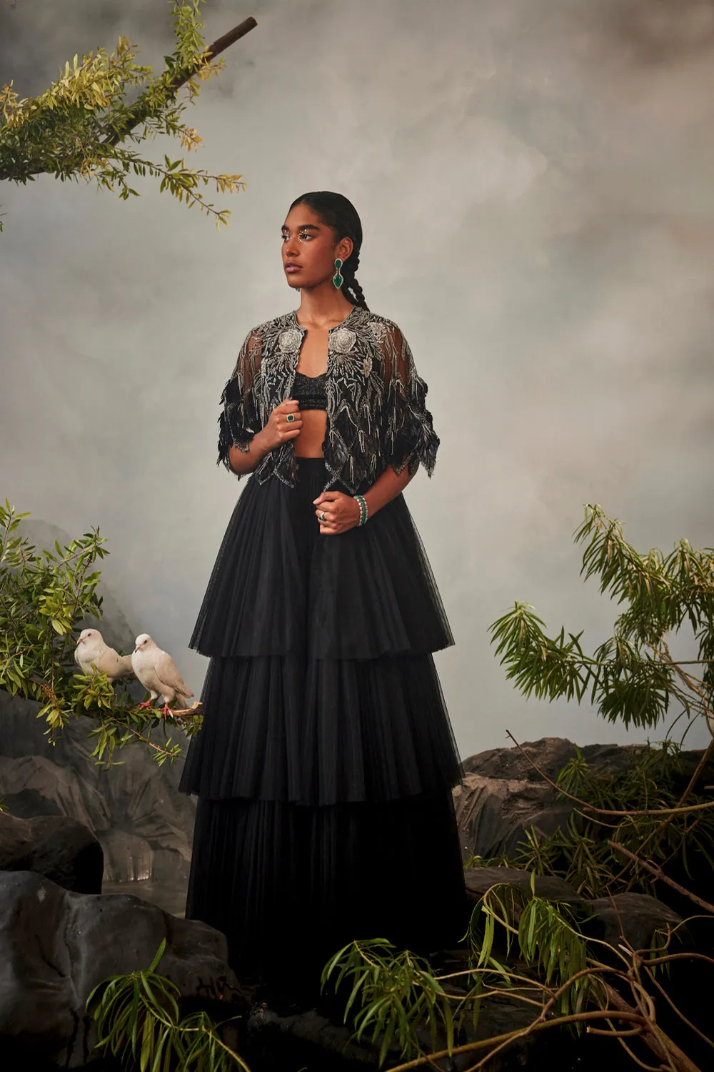 Feather Embellished Tiered Jacket With Draped Sharara And Beaded Bralet