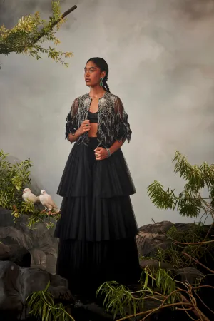 Feather Embellished Tiered Jacket With Draped Sharara And Beaded Bralet