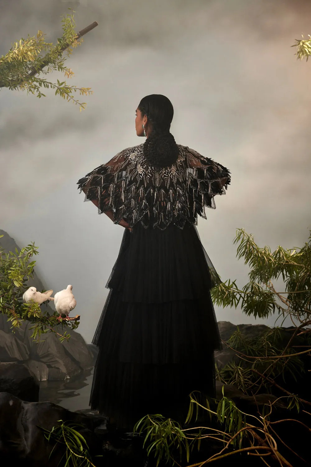 Feather Embellished Tiered Jacket With Draped Sharara And Beaded Bralet