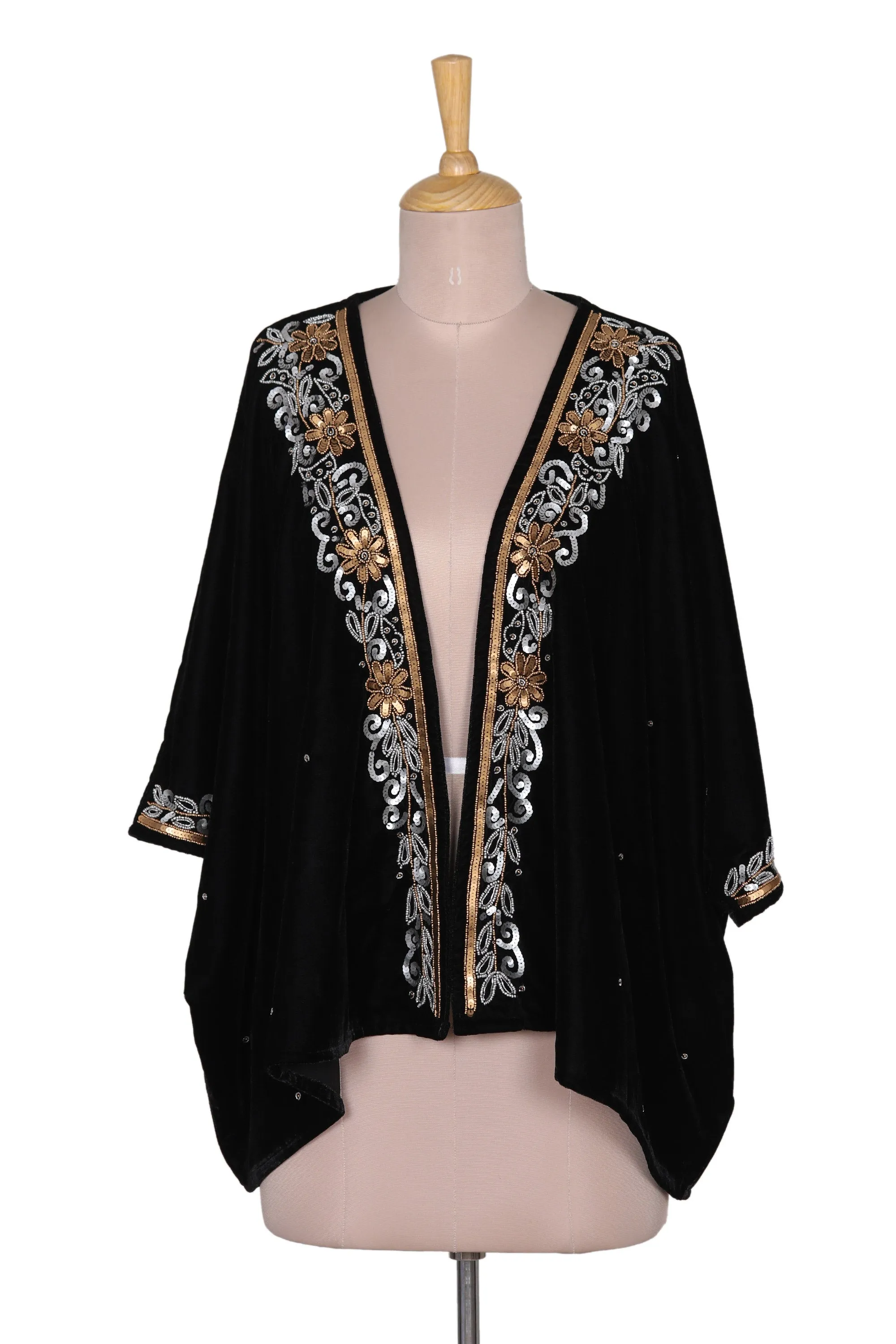 Golden and Silver Hand-Beaded Layering Jacket in Black - Golden Nightbird | NOVICA