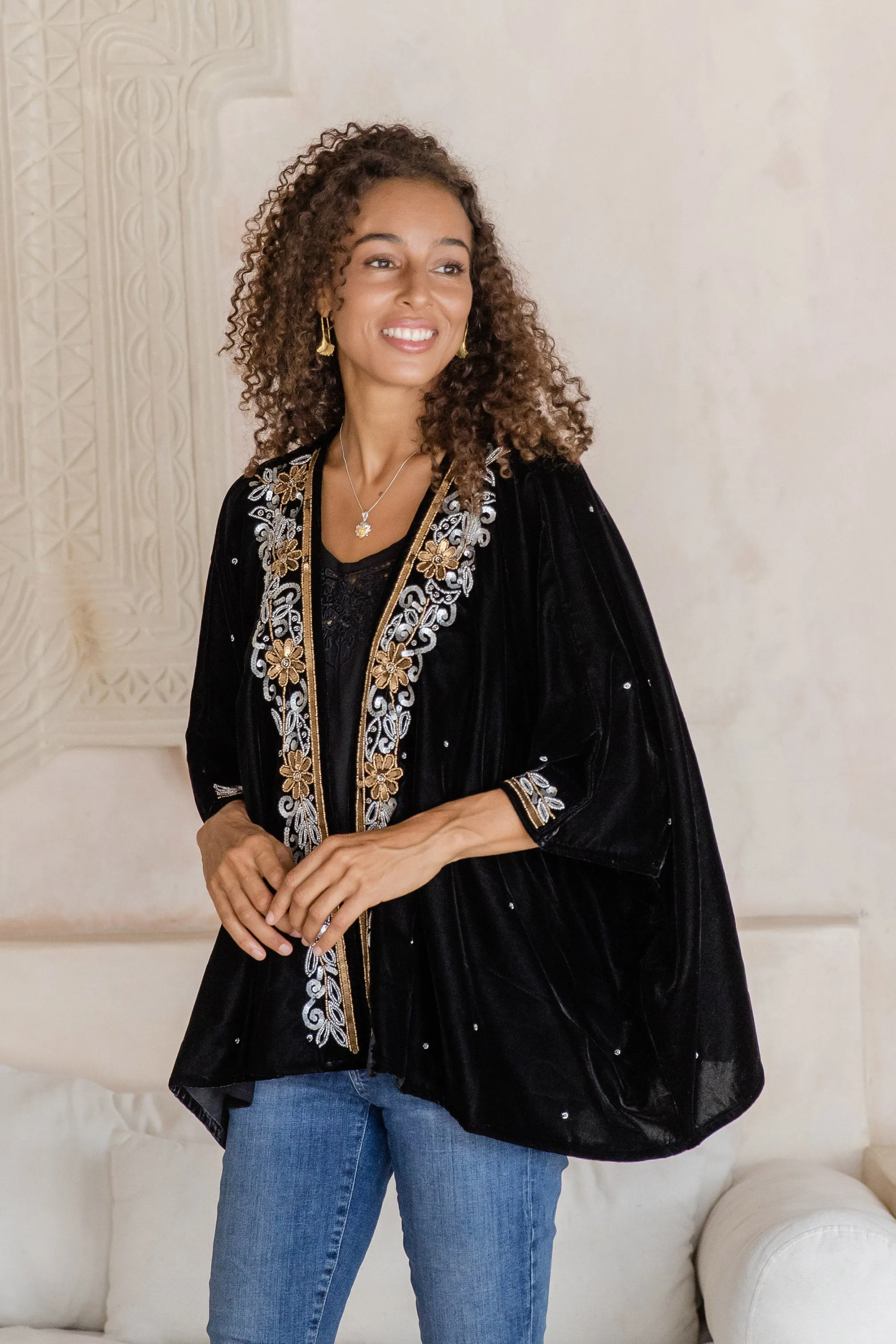 Golden and Silver Hand-Beaded Layering Jacket in Black - Golden Nightbird | NOVICA