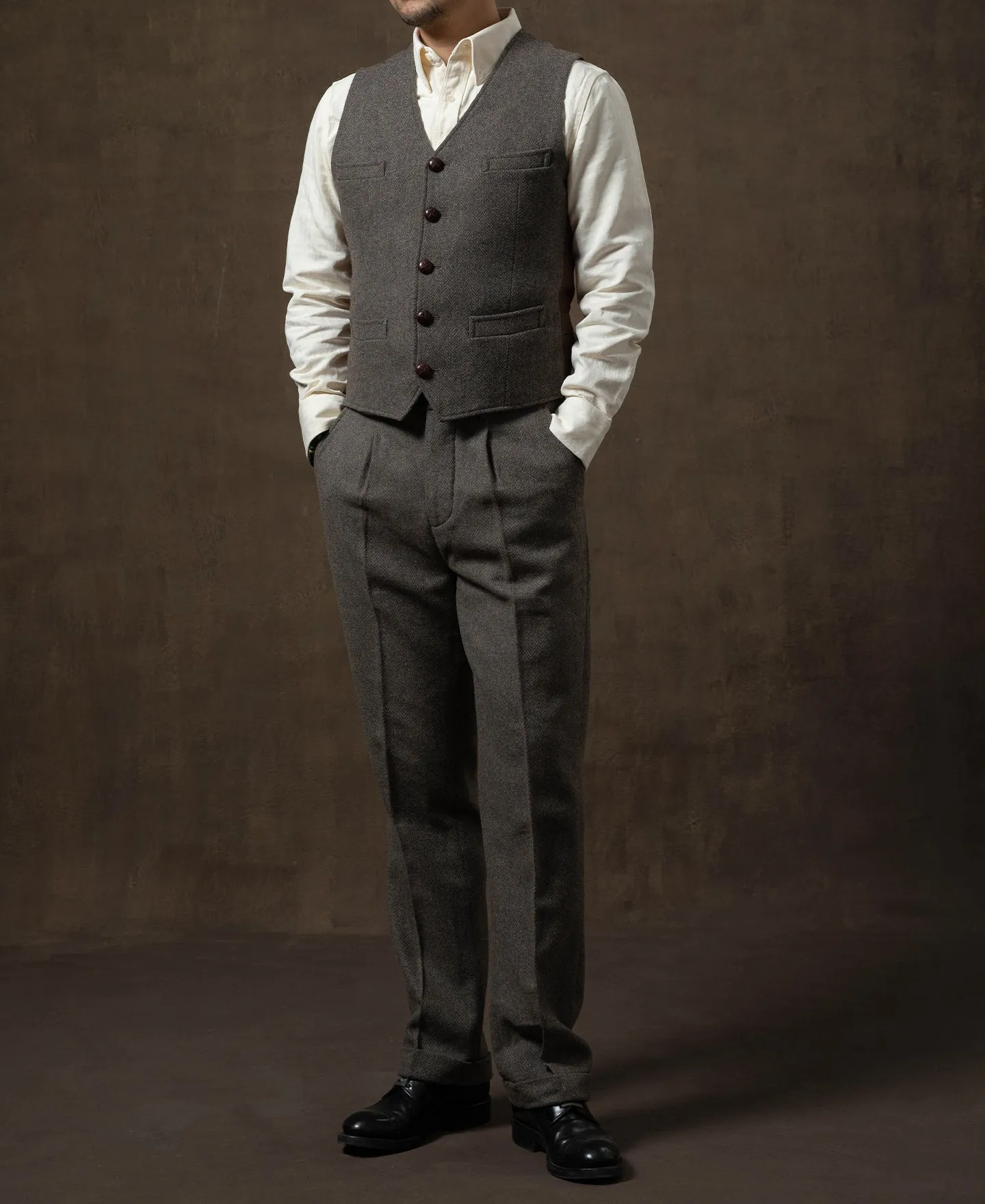 Grayish-Green Herringbone Tweed Vest