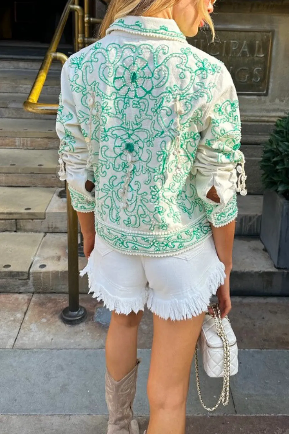Harper green embellished denim jacket
