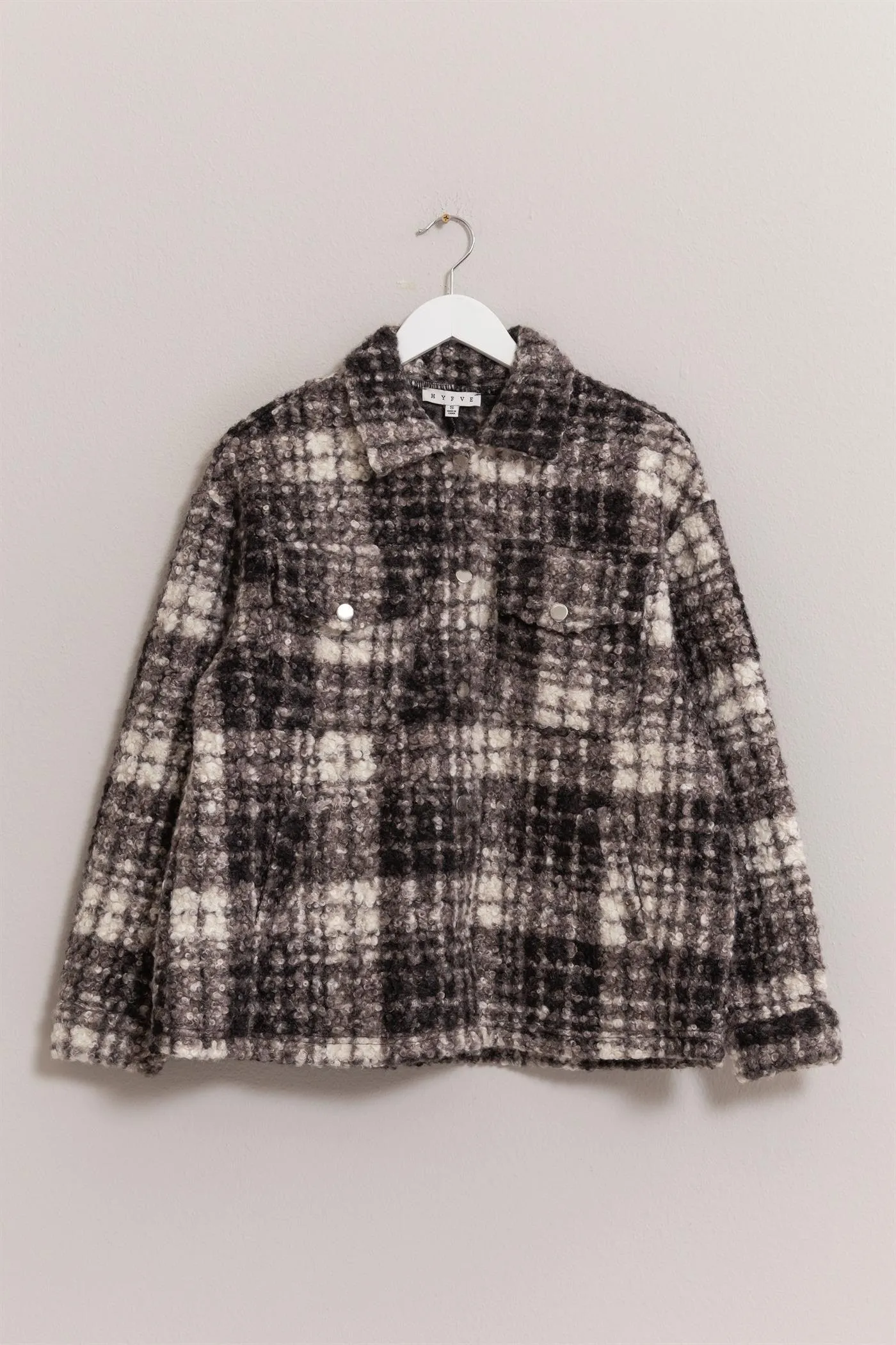 HYFVE Plaid Black Jacket Women Button Up Curly Fur Pocketed Coat
