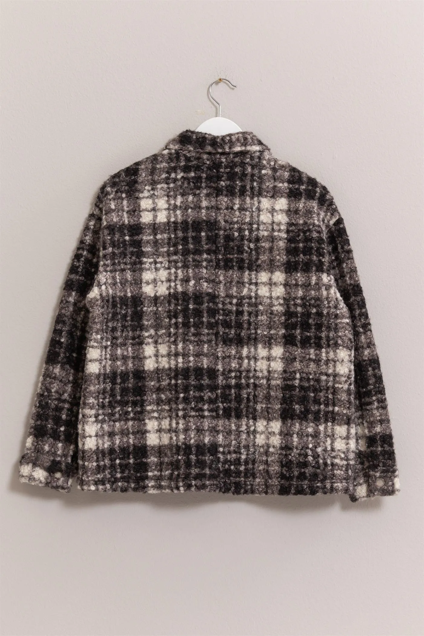 HYFVE Plaid Black Jacket Women Button Up Curly Fur Pocketed Coat
