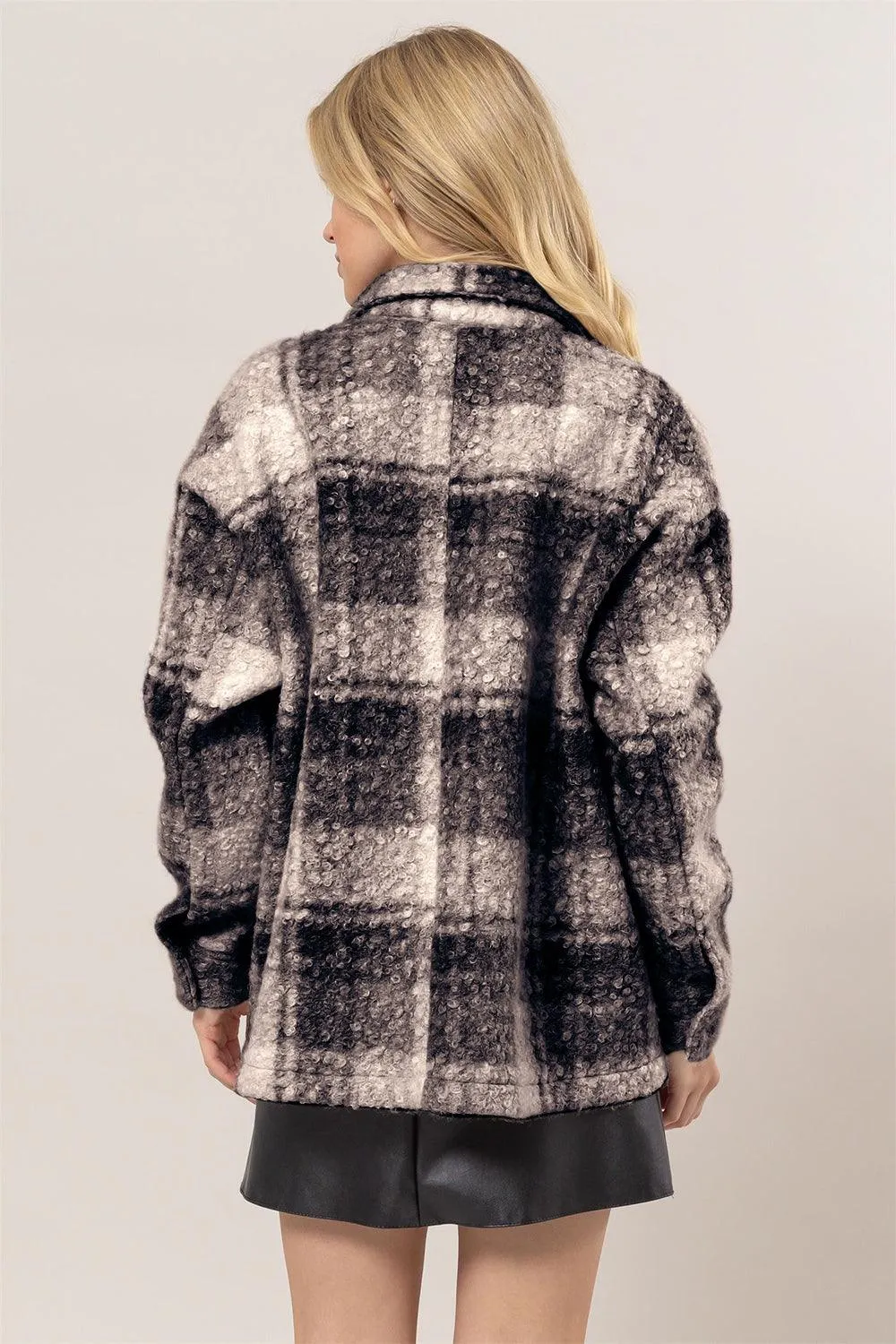 HYFVE Plaid Black Jacket Women Button Up Curly Fur Pocketed Coat