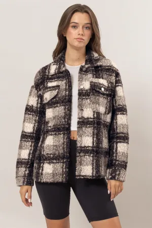 HYFVE Plaid Black Jacket Women Button Up Curly Fur Pocketed Coat