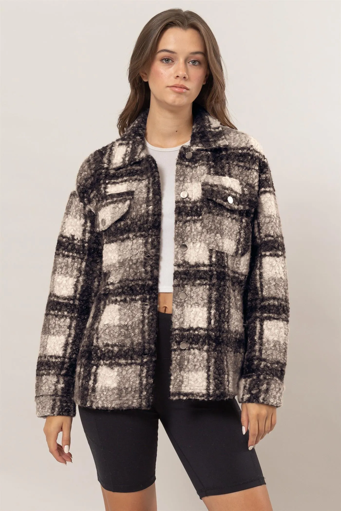 HYFVE Plaid Black Jacket Women Button Up Curly Fur Pocketed Coat