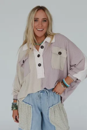 Jodi Color Block Ribbed Top - Mauve