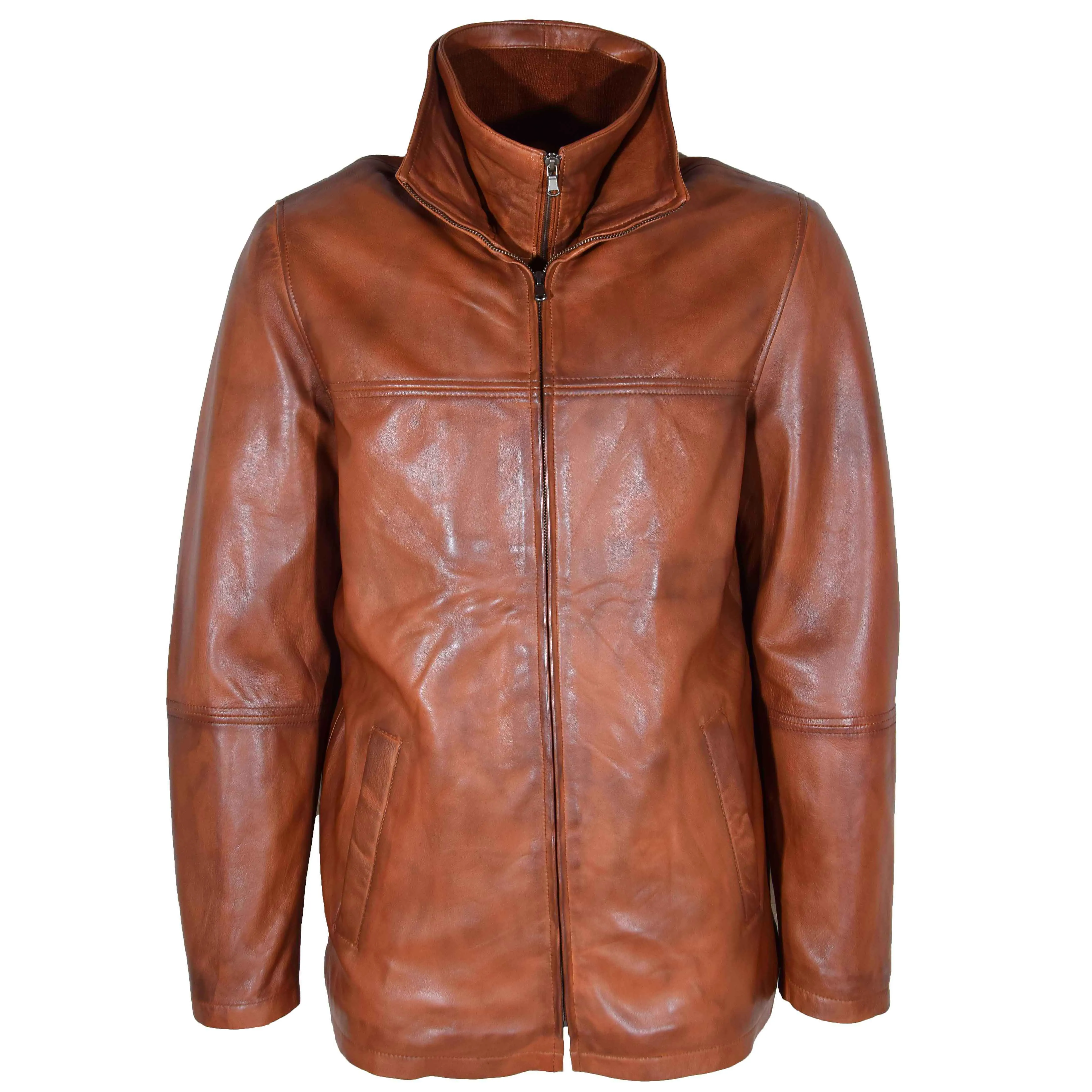 Leather Coat Detachable Collar Lining Mens Tyson Cognac