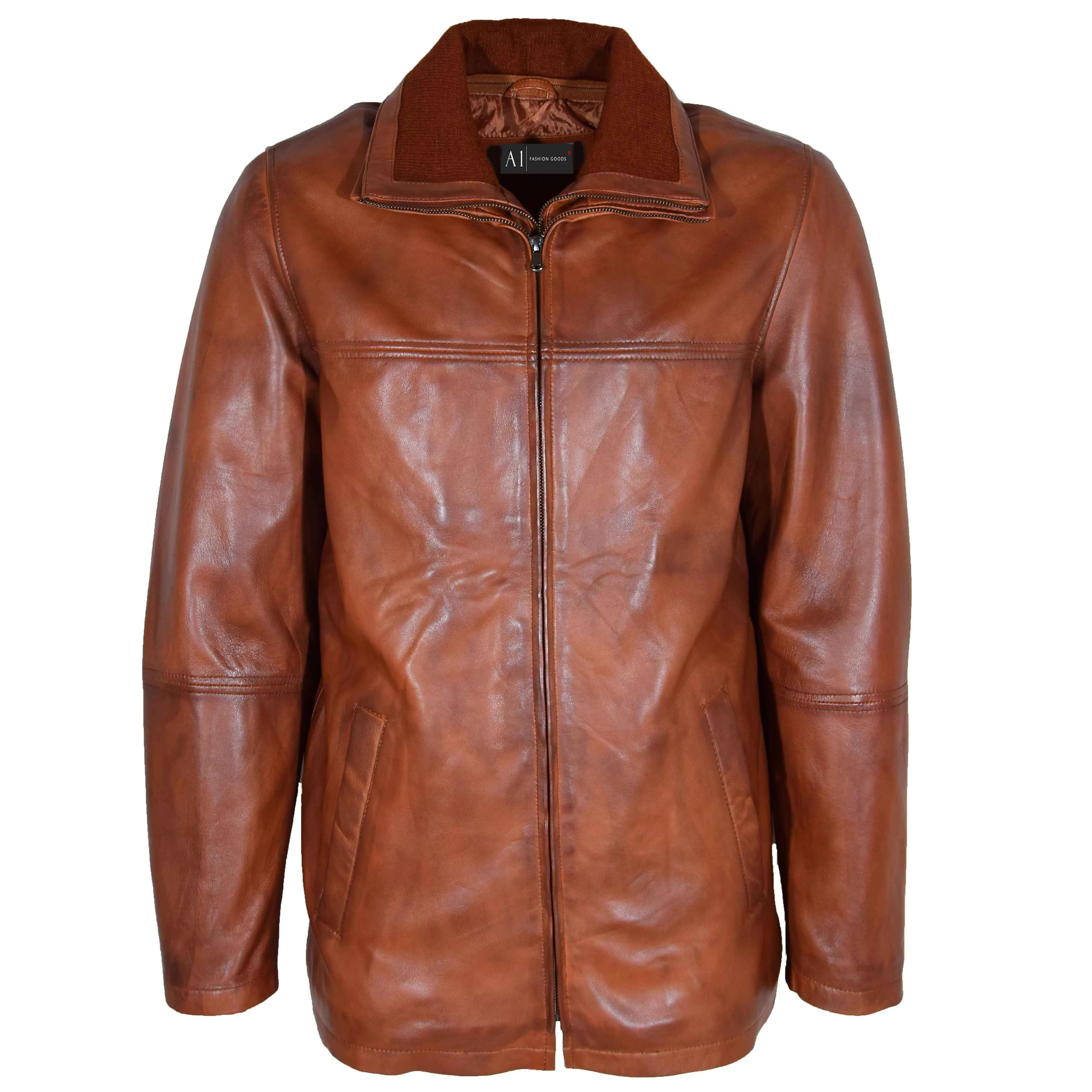 Leather Coat Detachable Collar Lining Mens Tyson Cognac