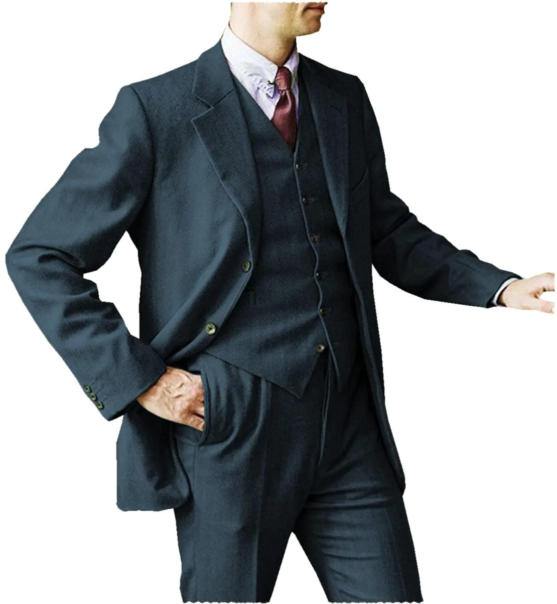 Men's 3 Pieces Suit Business Herringbone Tweed Notch Lapel Gent  Tuxedos (Blazer Vest Pants)